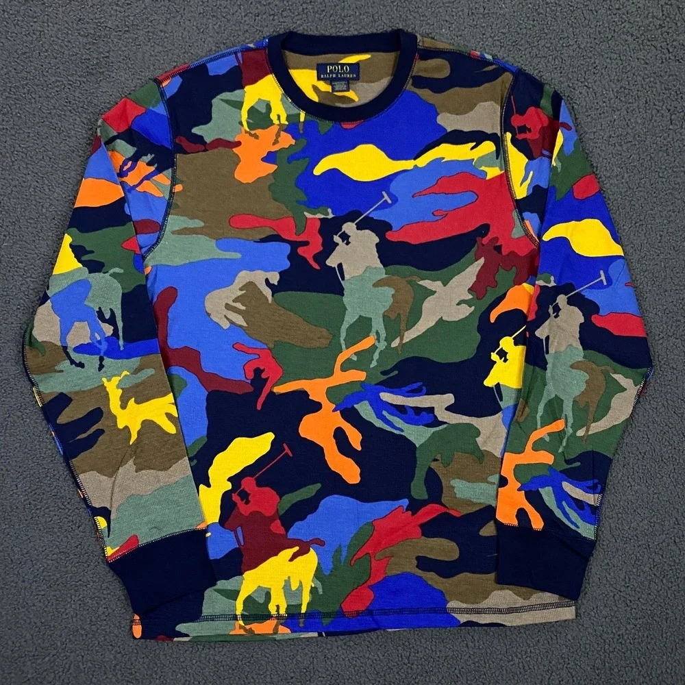 Polo Ralph Lauren Thermal Shirt Mens Medium Camo‎ Pony Waffle Knit Pajama Sleep